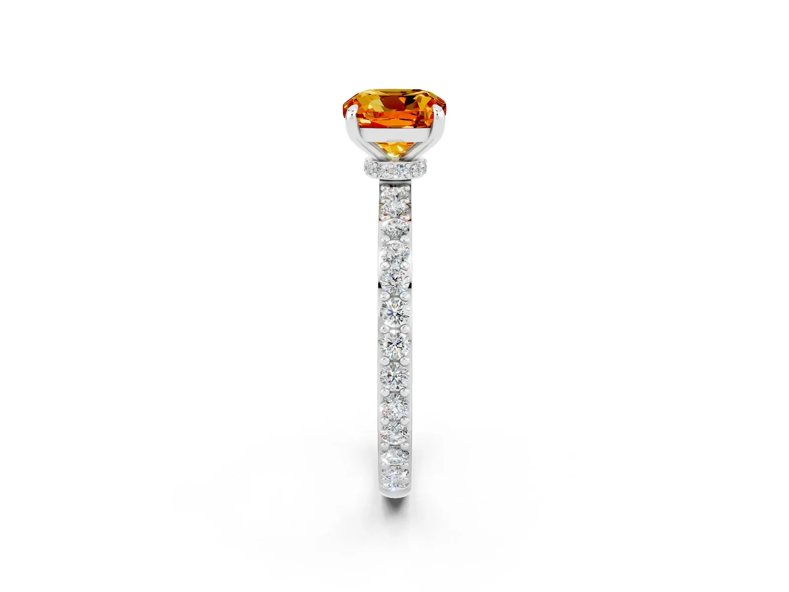 Cushion Cut Citrine Solitaire Engagement Ring with Pavé Band and Four-Prong Setting Platinum