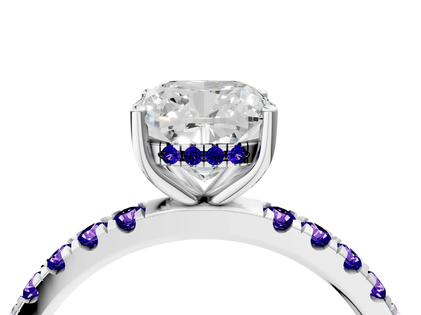 Cushion Cut Diamond Pave Band Solitaire Ring with Round Tanzanite and Prong Setting Platinum