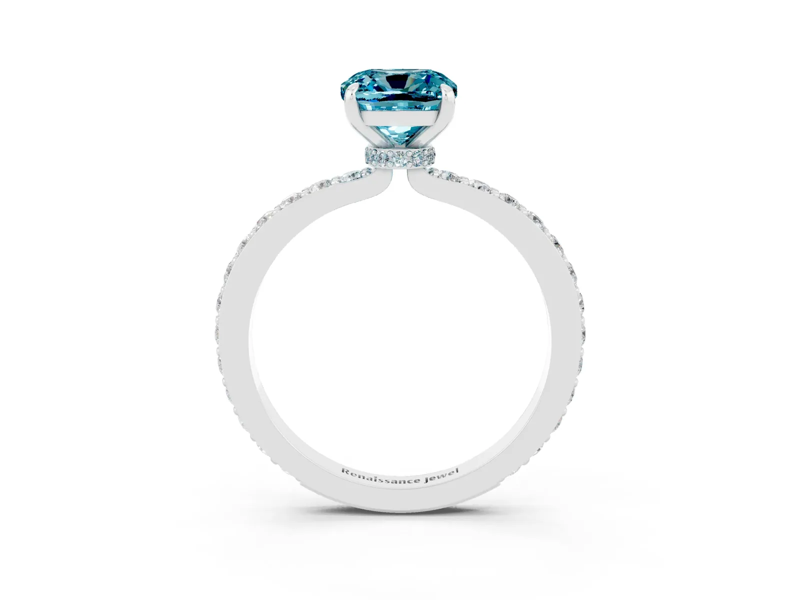 Cushion Cut Blue Topaz Solitaire Engagement Ring with Pavé Band and Four-Prong Setting Platinum