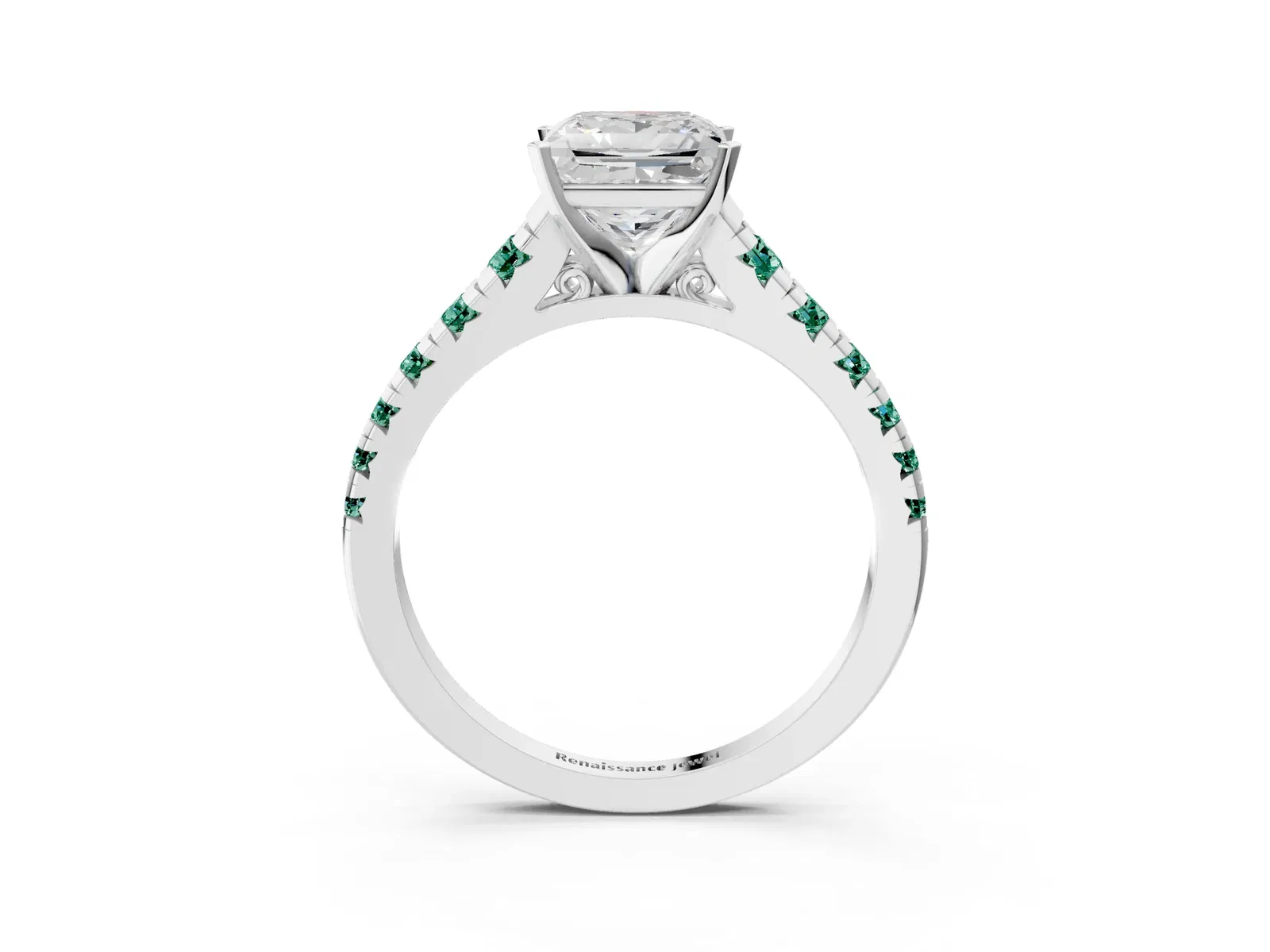 Princess Cut Diamond Cathedral Solitaire Ring with Round Green Sapphire Pavé Band Platinum