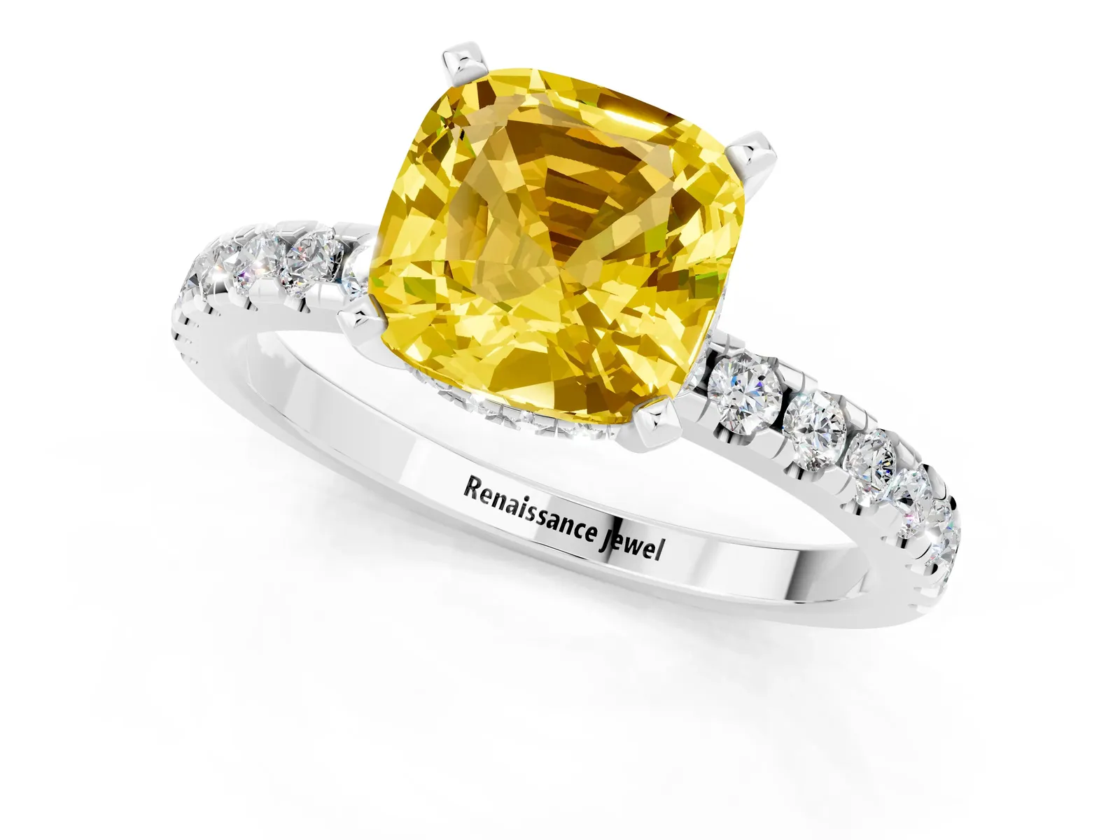 Cushion Cut Yellow Sapphire Solitaire Ring with Round Pavé Band and Four-Prong Setting Platinum