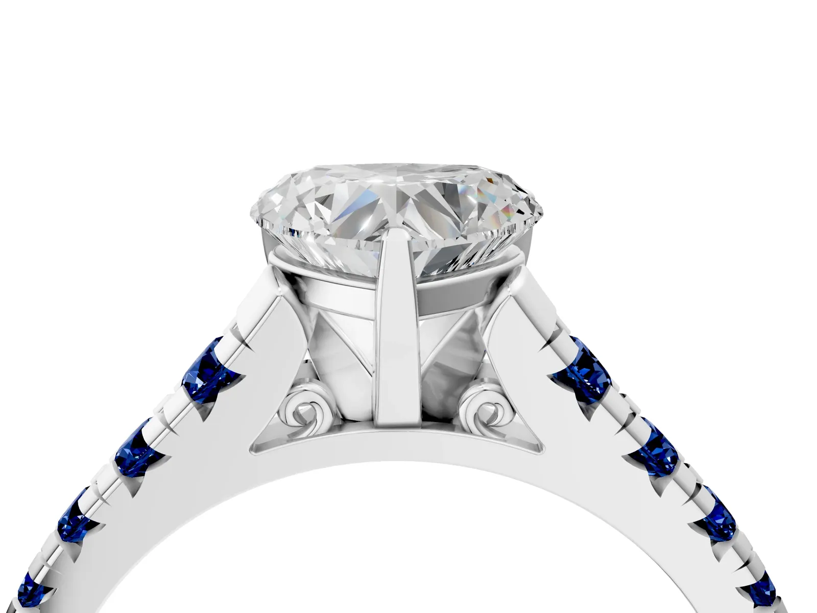 Heart Cut Diamond Cathedral Solitaire Ring with Round Blue Sapphire Pavé Band Platinum
