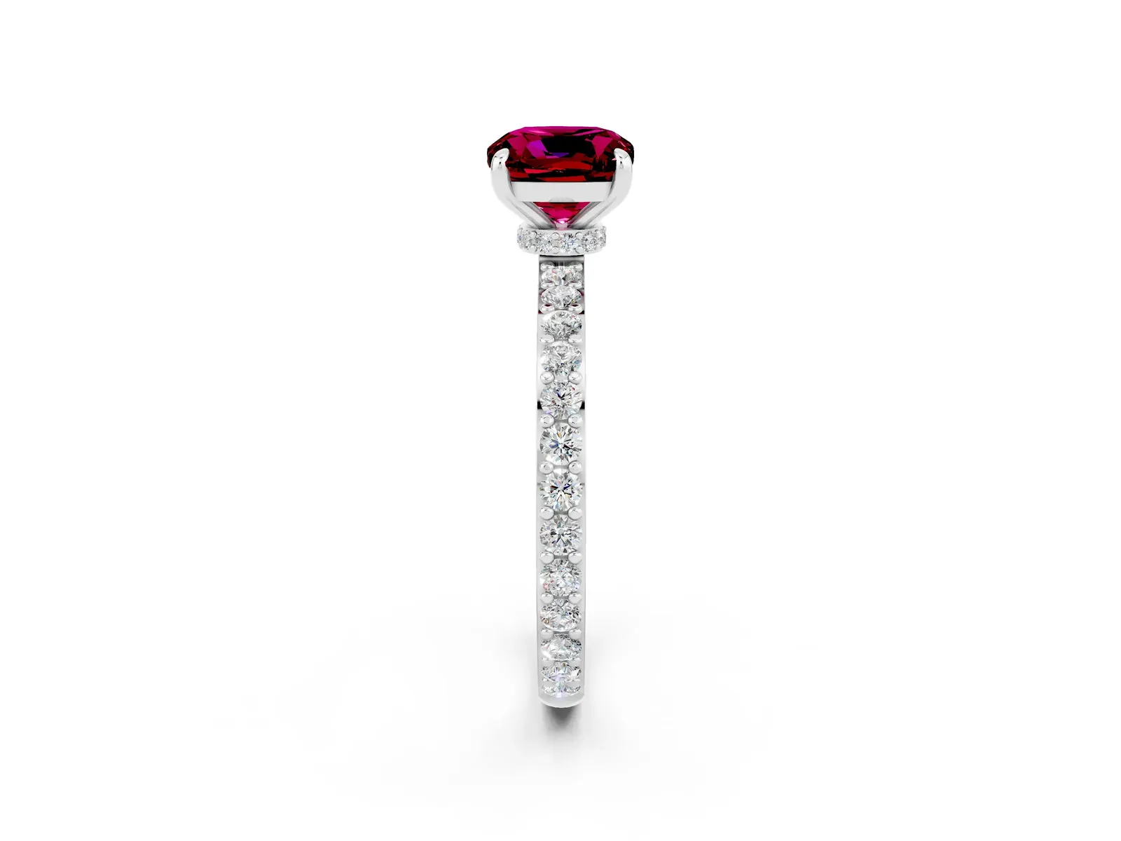Cushion Cut Garnet Solitaire Engagement Ring with Pavé Band and Four-Prong Setting Platinum