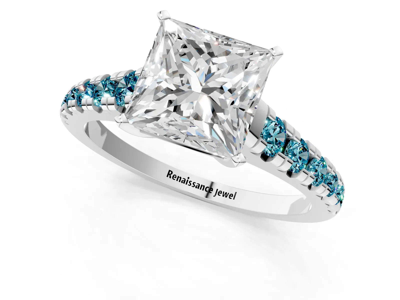 Princess Cut Diamond Cathedral Solitaire Ring with Round Blue Topaz Pavé Band Platinum