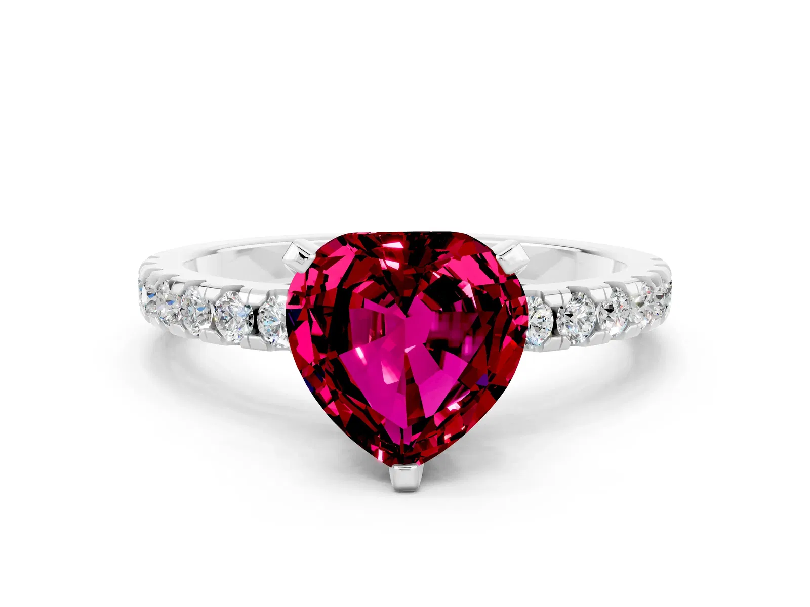 Heart Cut Garnet Solitaire Ring with Round Pavé Band and Four-Prong Setting Platinum