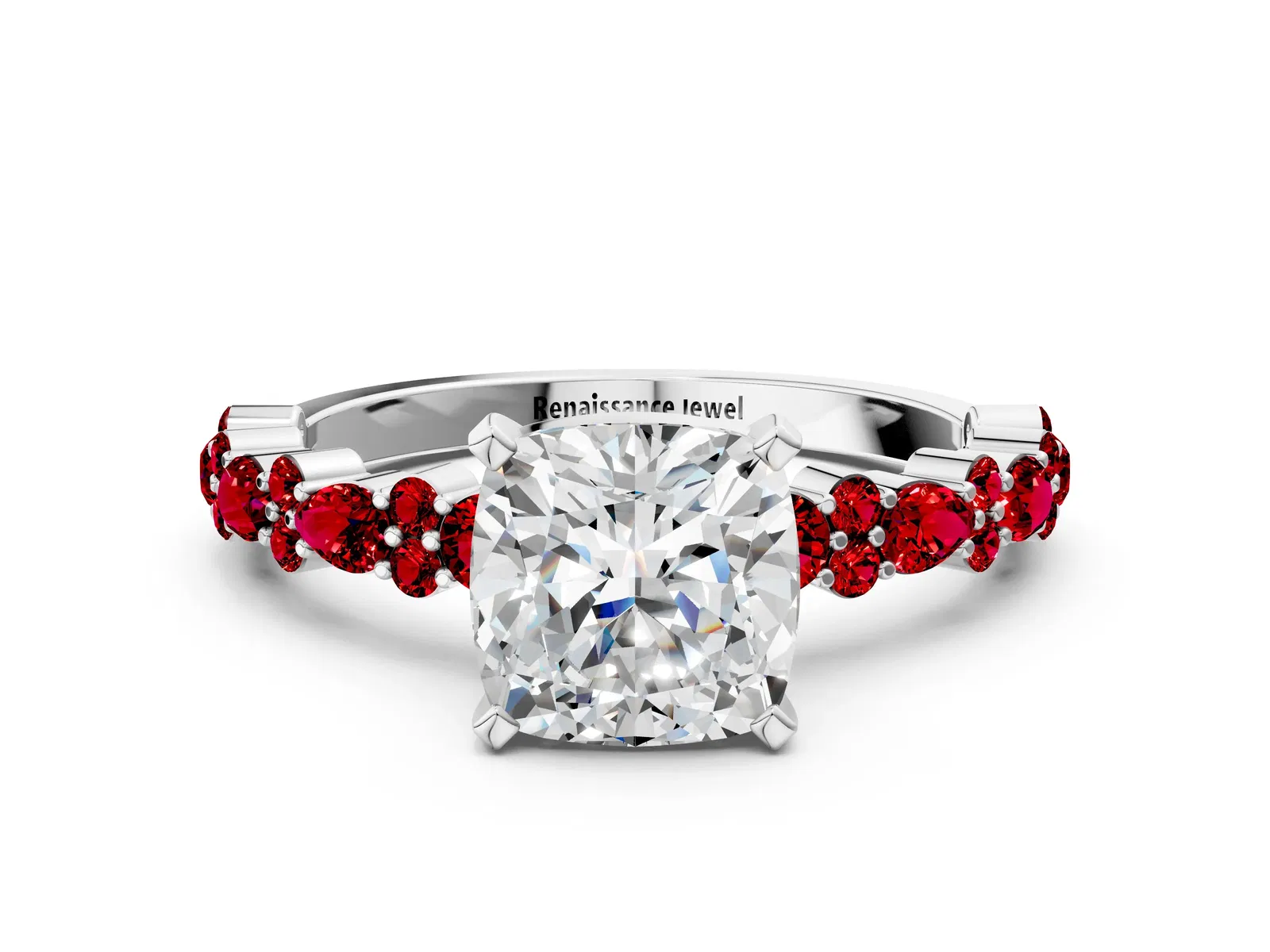 Cushion Cut Diamond Side Stone Solitaire Ring with Round Ruby and Four-Prong Setting Platinum