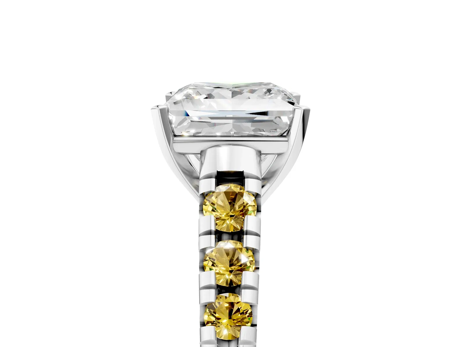 Princess Cut Diamond Cathedral Solitaire Ring with Round Yellow Sapphire Pavé Band Platinum