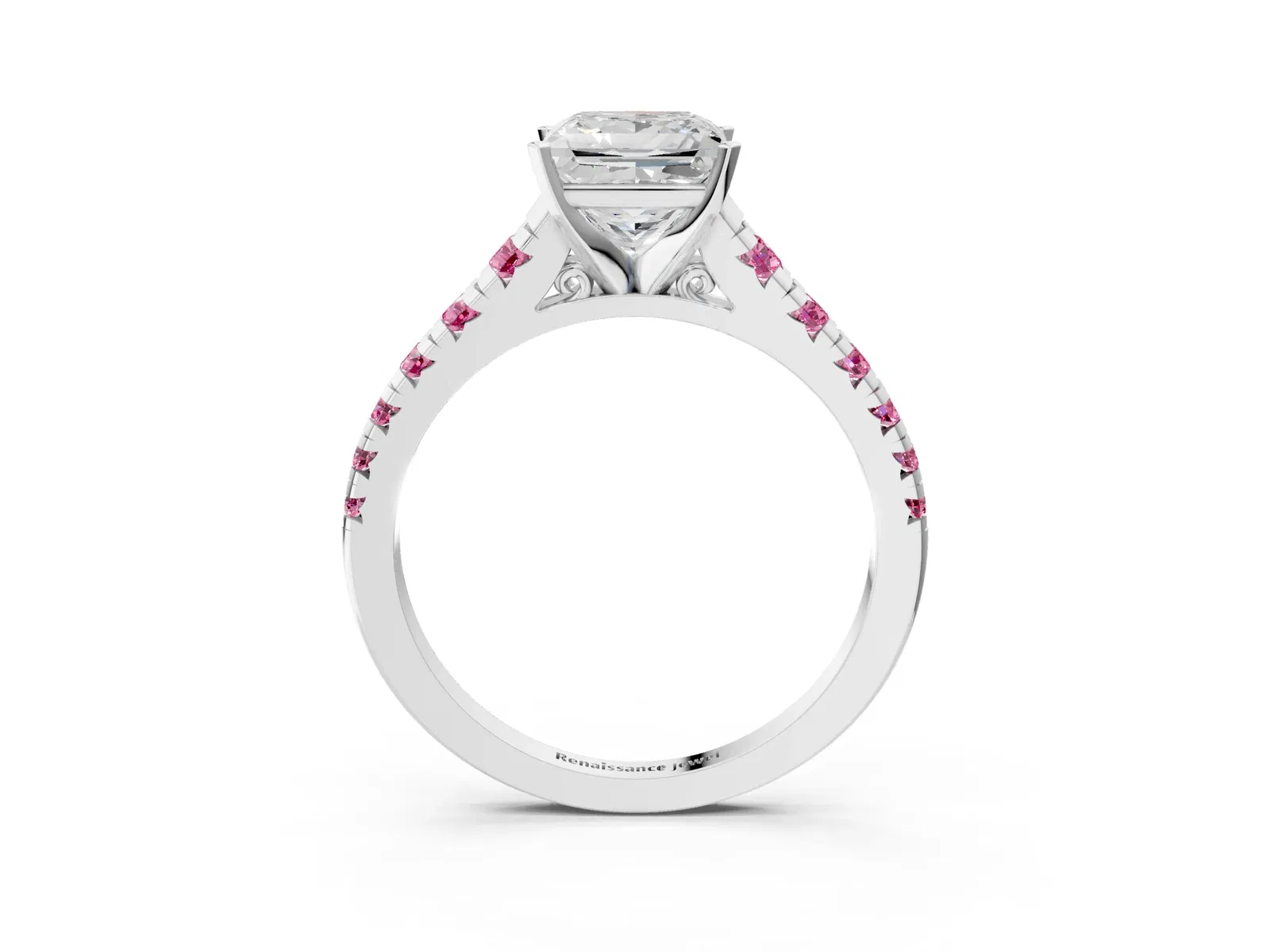 Princess Cut Diamond Cathedral Solitaire Ring with Round Pink Sapphire Pavé Band Platinum