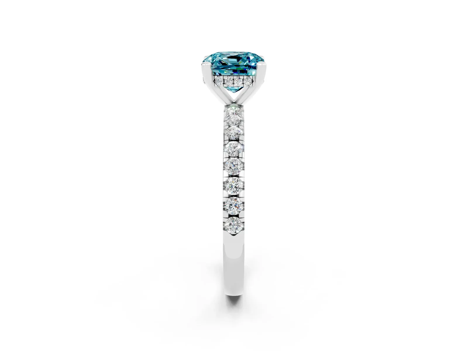 Cushion Cut Blue Topaz Solitaire Ring with Round Pavé Band and Four-Prong Setting Platinum