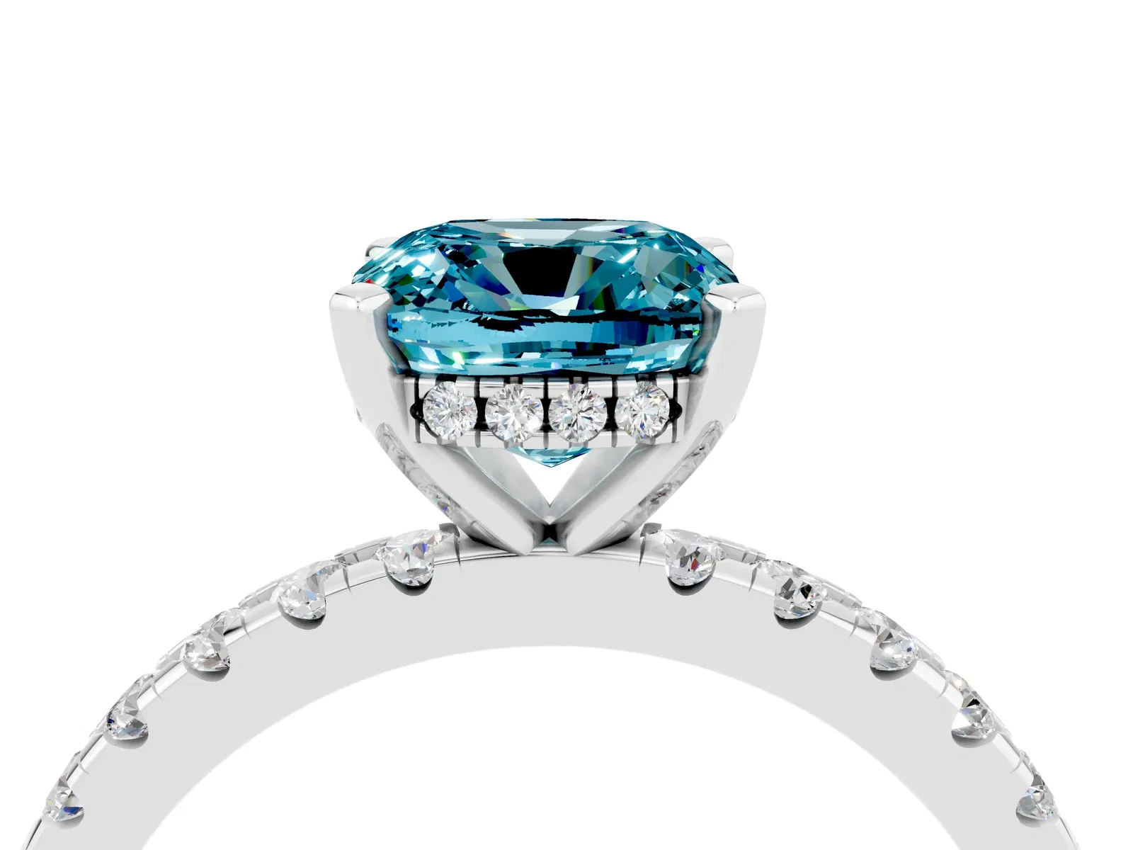 Cushion Cut Blue Topaz Solitaire Ring with Round Pavé Band and Four-Prong Setting Platinum
