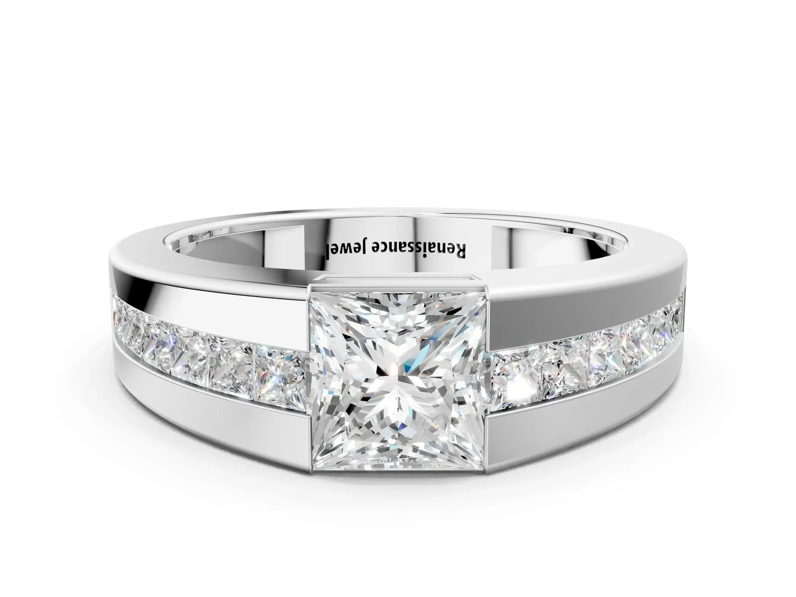 Princess Diamond Channel Set Mens Ring White gold