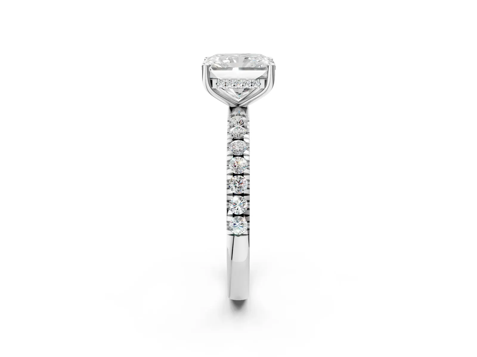 Radiant Cut Diamond Pave Band Solitaire Ring with Round and Prong Setting Platinum