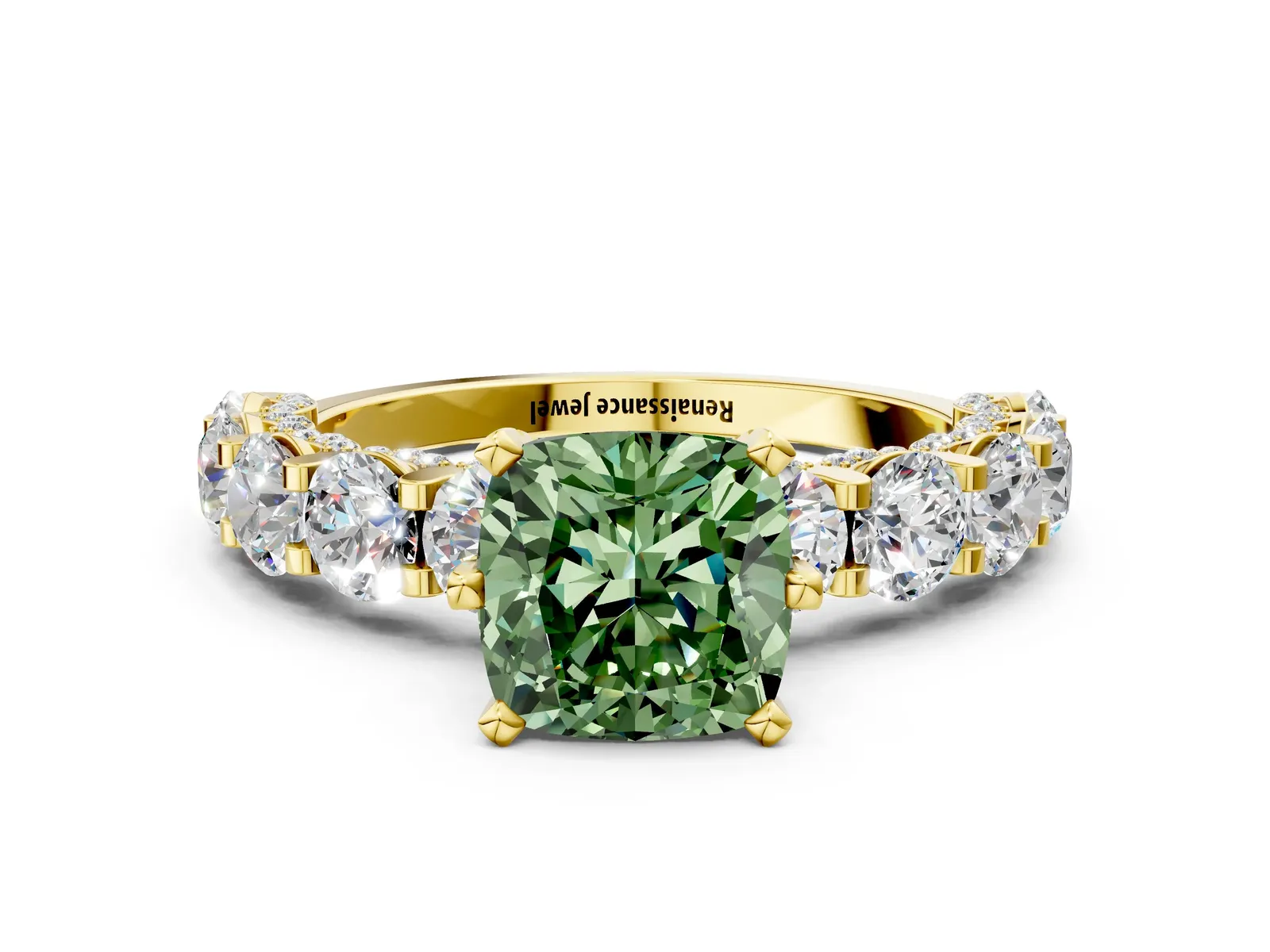 Fancy Green Cushion Cut Diamond Side Stone Engagement Ring with Four-Prong Setting Yellow gold