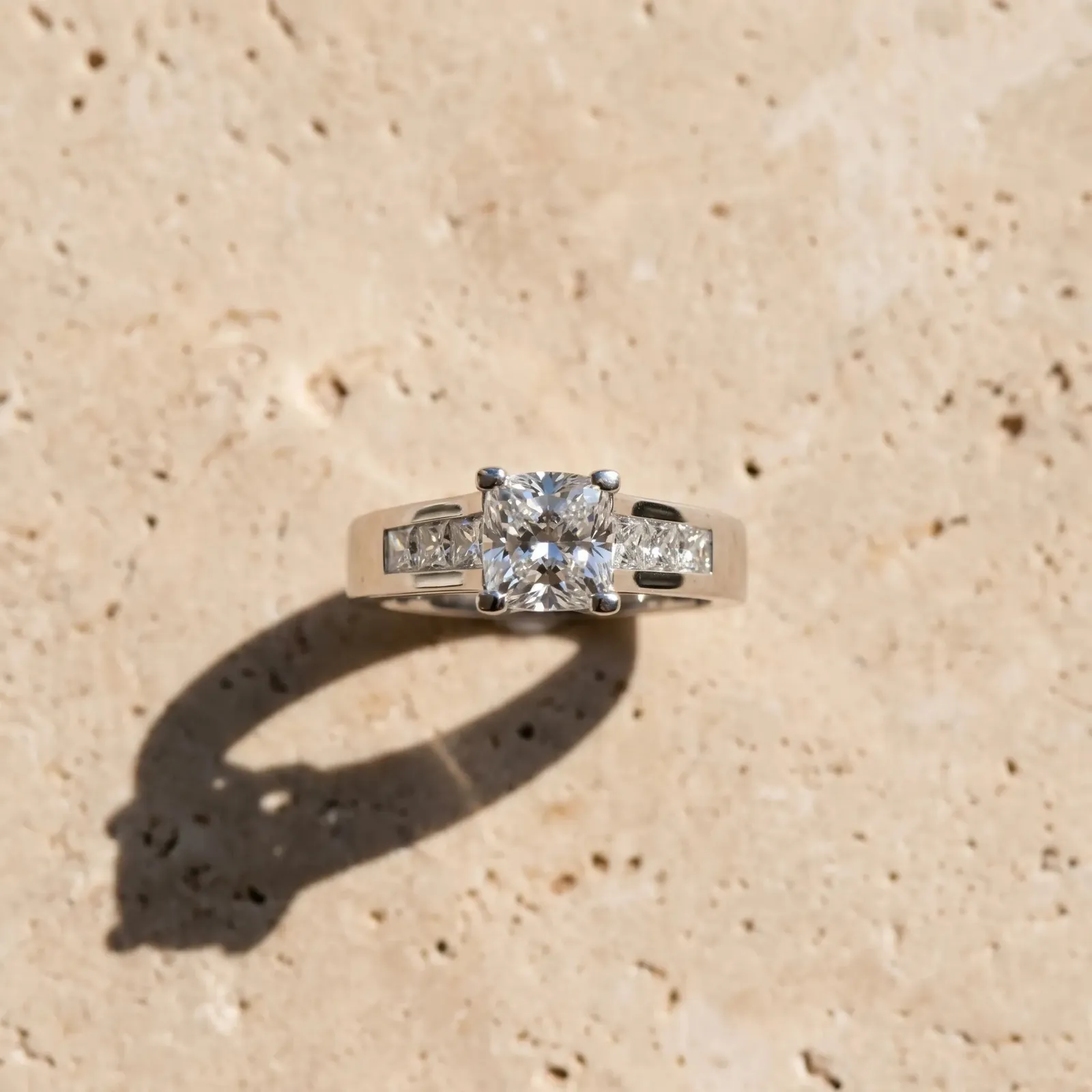 Cushion Cut Cut Channel Set Solitaire Ring with Four-Prong Setting Platinum