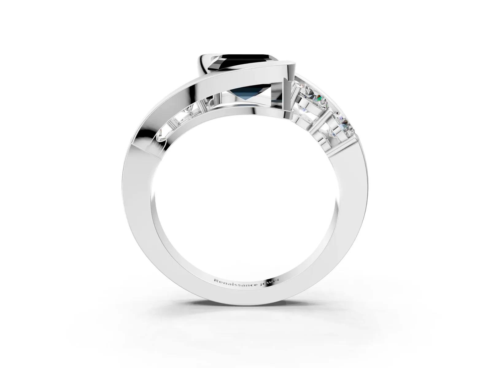 Fancy Black Bezel Set Asscher Cut Diamond Bypass Ring with Round Accents Platinum