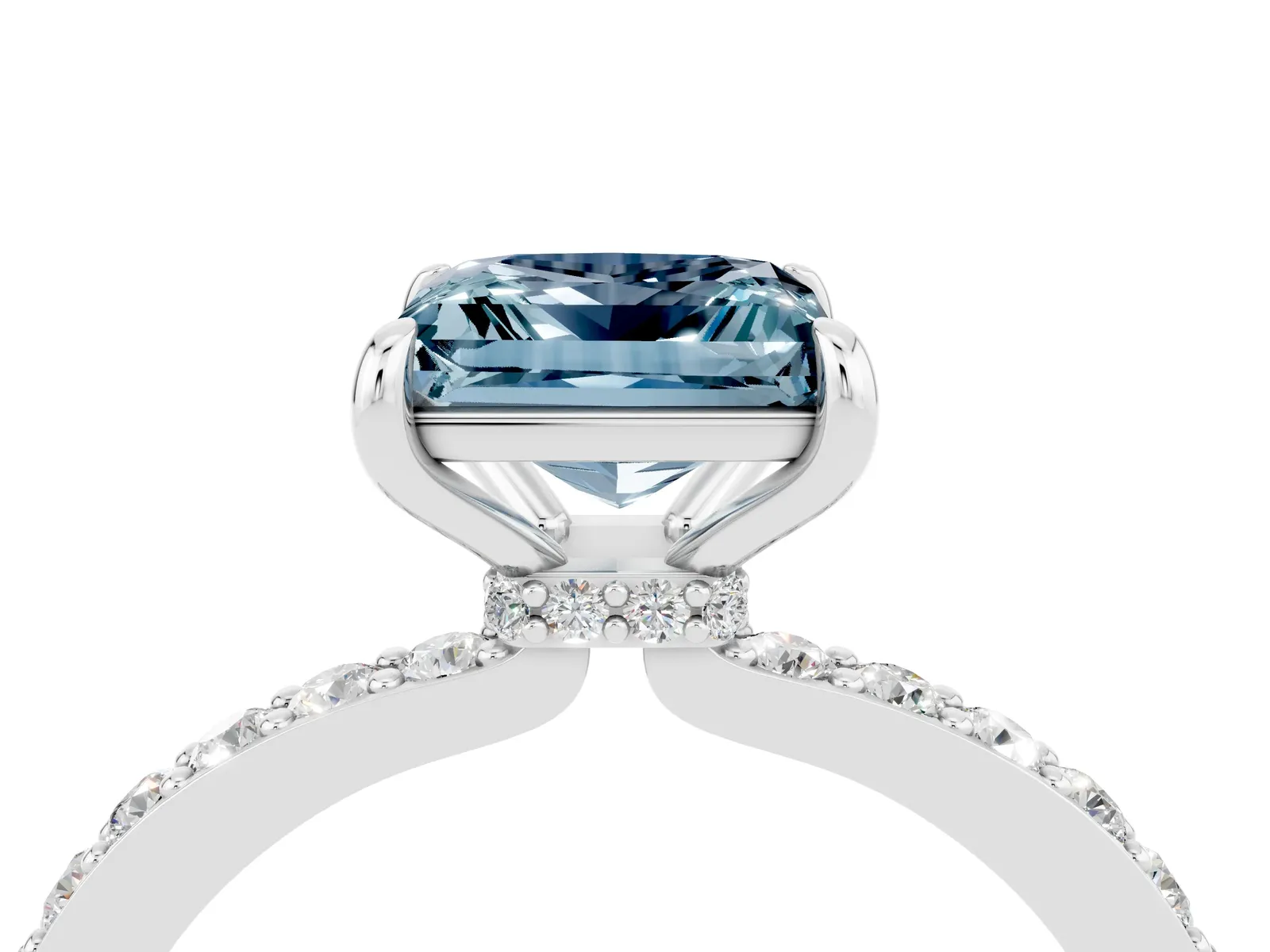 Princess Cut Aquamarine Solitaire Engagement Ring with Pavé Band and Four-Prong Setting Platinum