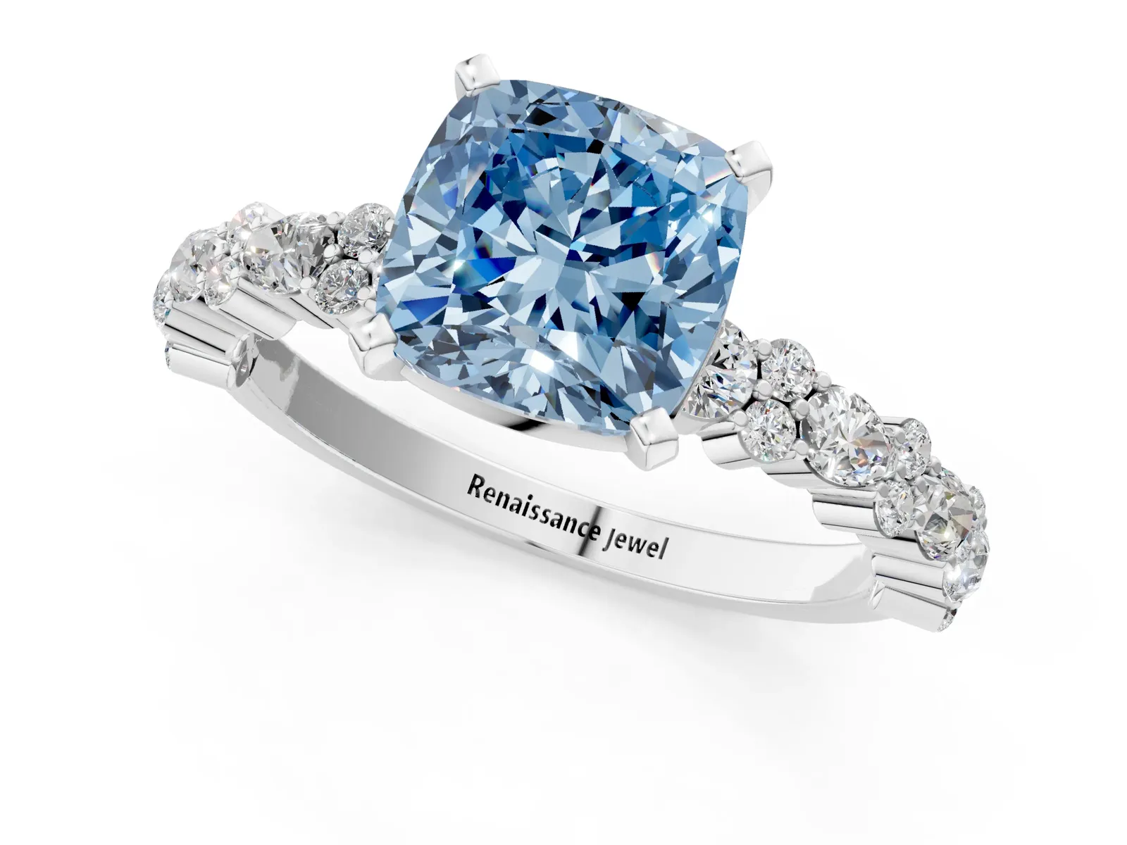 Fancy Blue Cushion Cut Diamond Side Stone Solitaire Ring with Round and Four-Prong Setting Platinum