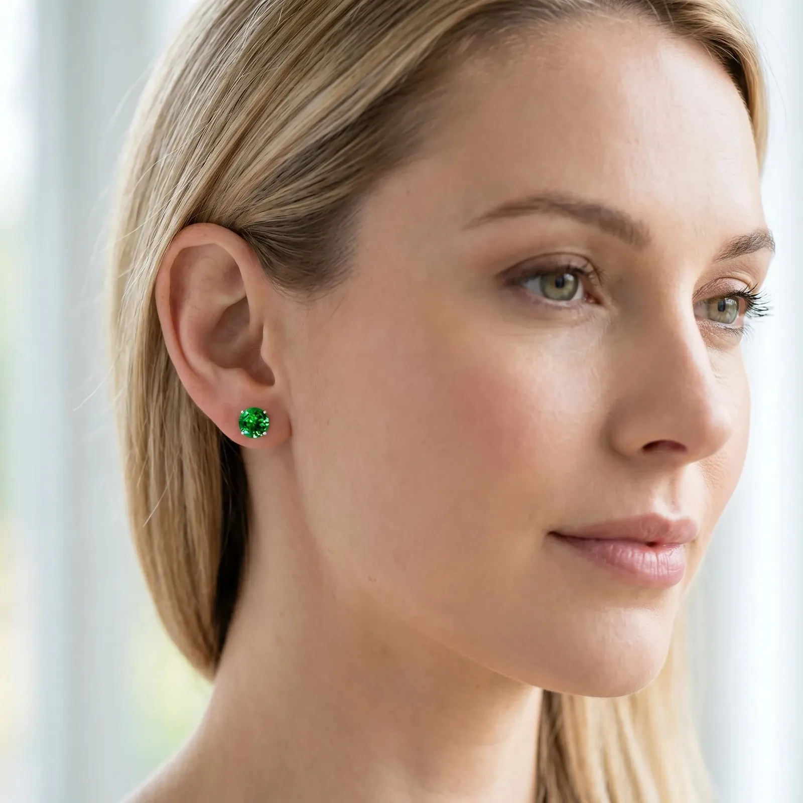 Round Cut Emerald Stud Earrings Silver